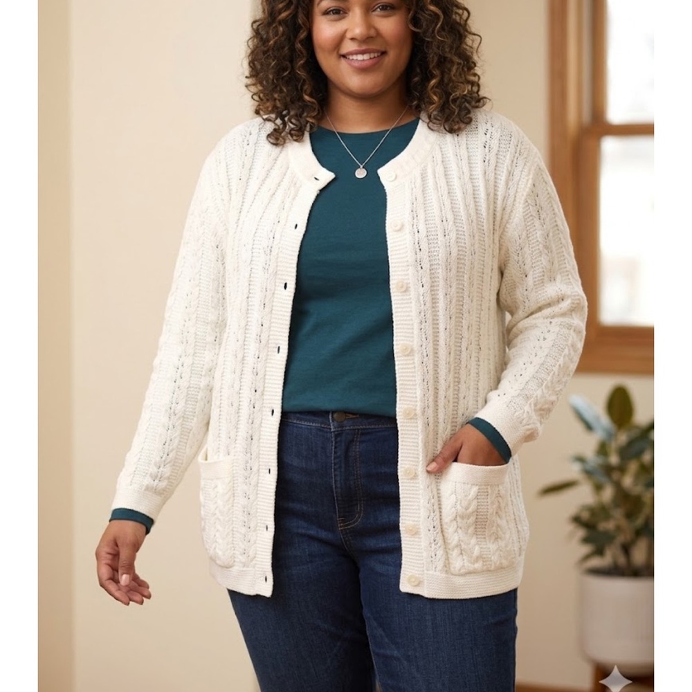 Anthony Richards White Open Front Cable Knit Cardigan